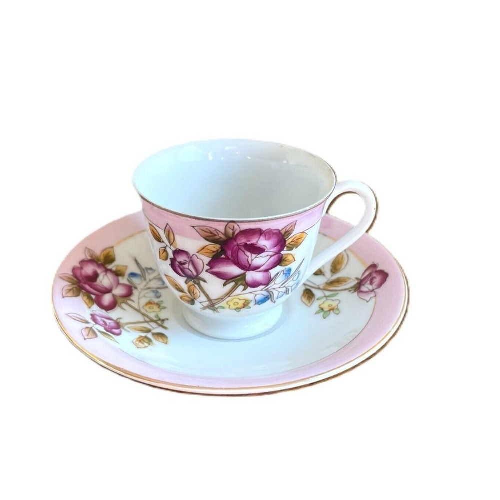 Merit Occupied Japan China Pink Flower Pattern Band with Gold Trim Demitasse Cup